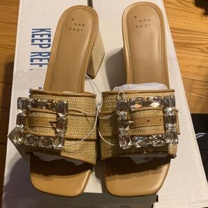a new day Tan Woven Buckle Slide Heels with Crystal Embellishments size 9.5